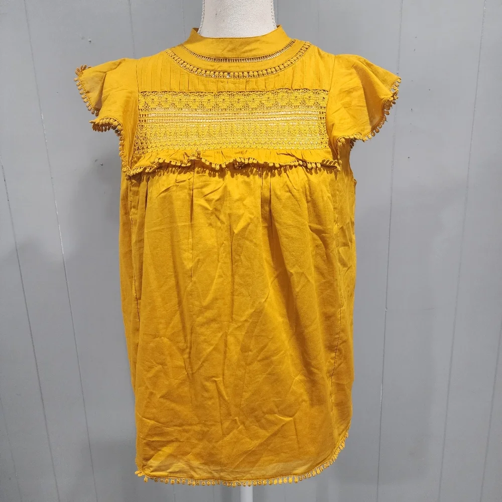 J Crew Yellow Smocked Crew Neck Puff Sleeve Shirred Cotton T-shirt XS